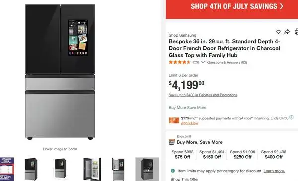 New Samsung 29 cu.ft Bespoke 4-Door French Refrigerator HUB RF29BB8900