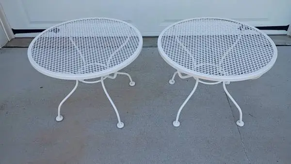 2 - Vintage MCM Wrought Iron/Mesh Top LOW Patio Side Tables - EXC