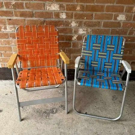 2 Vintage Retro Aluminum Webbed Folding Lawn Chairs Wooden Arm Rest