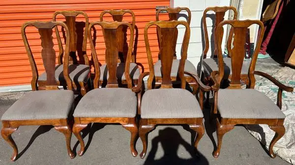 8 Vintage Queen Anne style dining chairs cabriole legs and upholstered seats gra