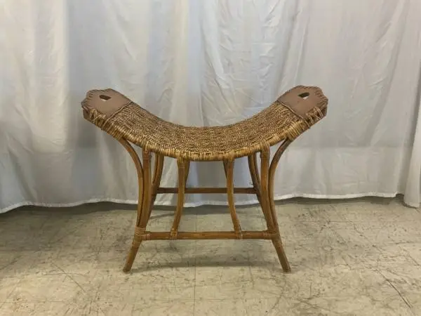 Vintage rattan, wicker covered scoop bench stool