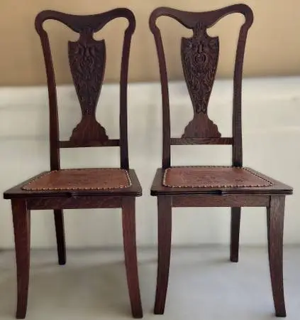 Antique Hand-Carved Oak Chairs, Green Man, Leather Seat (Set of 2)