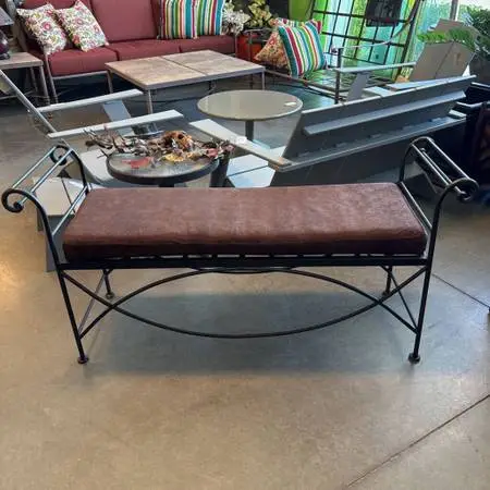 Curved Iron Bench W/ Brown Cushion- 53.5X16X27H
