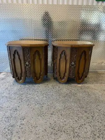 Pair of vintage mid century walnut Spanish revival nightstands