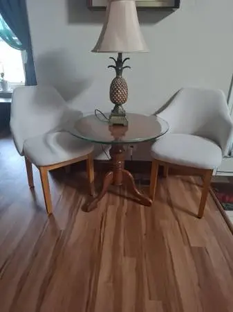 TARGET CHAIR NEVER USED WITH ROUND TABLE WITH GLASS TOP AND PINEAPPLE LAMP