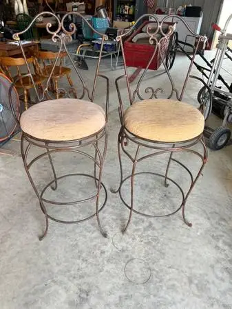 Two Wrought Iron Swivel Barstools