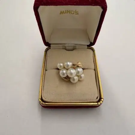 Vintage Mings of Honolulu 14K Yellow Gold Pearl Cluster Cocktail Ring