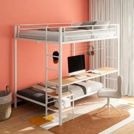 Full over Twin Workstation Loft Bed in White Metal Finish!
