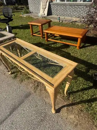 Elegant Wood Console Table w/ Glass Insets & Decorative Metal Detail