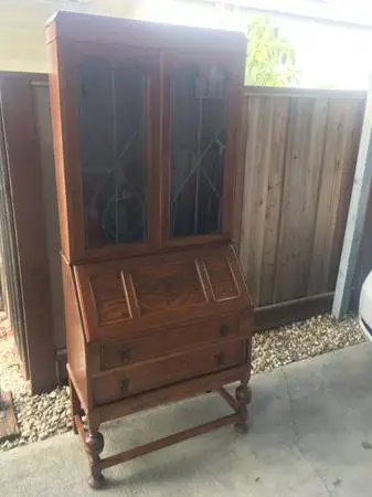 2 Piece Vintage Oak Desk with Cut Glass Panes and Inlaid Leather Area