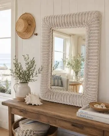 White Wicker Mirror 31” L X 21” W