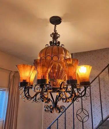 MCM Wrought Iron Amber Crackle Glass Balloon Chandelier Spanish