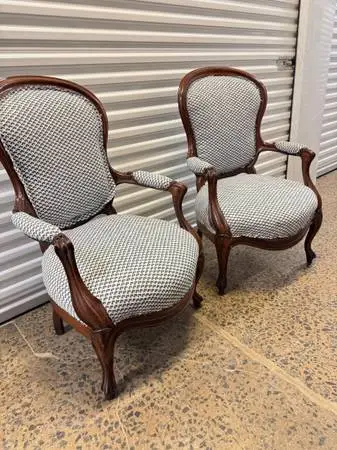 Pair of antique Victorian blue and white upholstered chairs