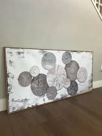 BRAND NEW 58x29 Wood Framed Taupe/Grey/White Boho Layered Plates Canvas Artwork
