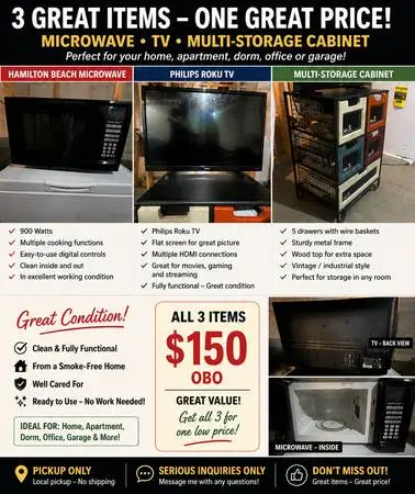 Microwave, Roku TV and storage cabinet for sale”excellent condition “