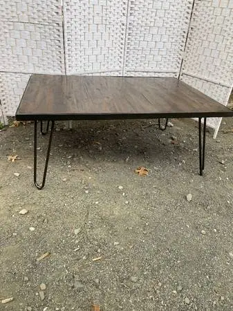 Vintage modern dark walnut and metal hairpin coffee table