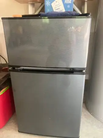 Refrigerator, college dorm size with shelf unit