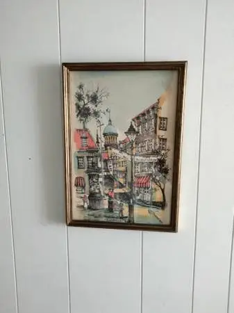 Vintage Mid Century LAZO Art Print Old Montreal Scene Gold Wood Frame