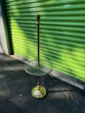 Vintage mid century modern brass and glass table with build-in lamp
