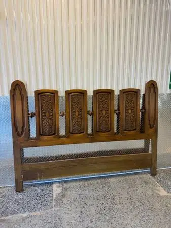Vintage mid century walnut king size Spanish revival headboard