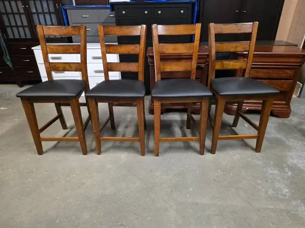 Set of 4 Wood / Black Leather Counter Height Chairs
