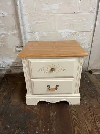 Vintage pine and white country shabby chic 2 drawer nightstand