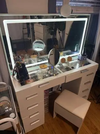 Vanity Desk w/ LED Mirror, Magnifying Glass & Stool