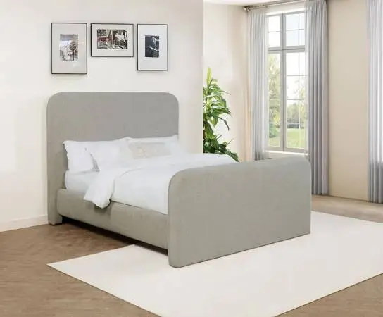 **Gorgeous Modern Queen Bed Upholstered in Neutral Grey Fabric**