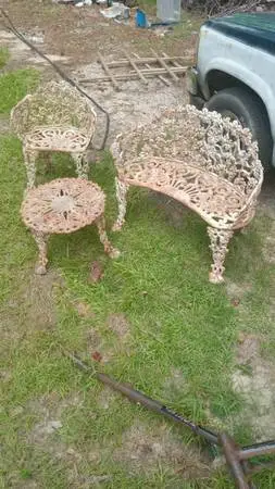 Old heavy metal bench, chair, table