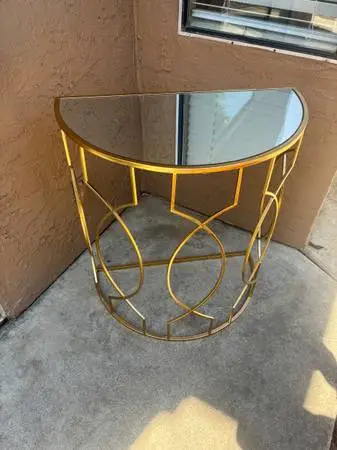 Gold Iron with Mirrored Top. Half Circle Entry Table