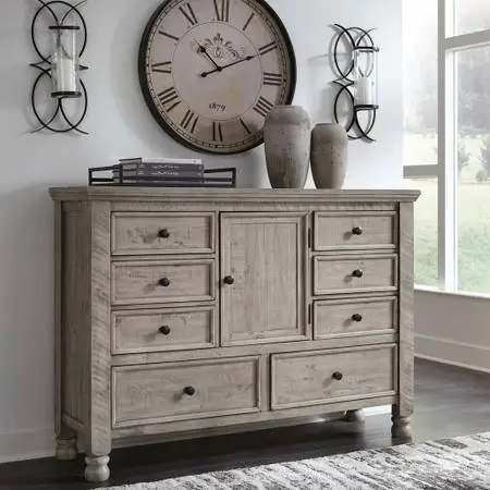 Ashley Harrastone 8 Drawer Dresser with Cabinet, Weathered Light Gray