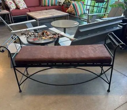 Curved Iron Bench W/ Brown Cushion- 53.5X16X27H