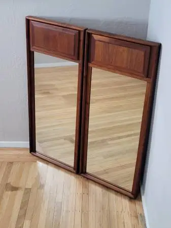 Vintage Mid Century Modern Pair Walnut Wall Dresser Mirror Mirrors