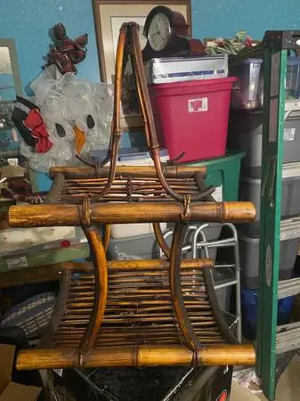 Burnt Bamboo Pencil Reed Magazine Basket With Handle Like New Conditio