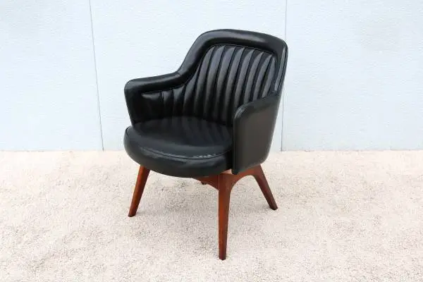 Vintage Mid-Century Modern Black Naugahyde & Walnut Executive Armchair
