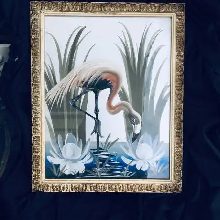 c1950 hand painted/signed M.DEVOE Pink Flamingo Painting on Foil