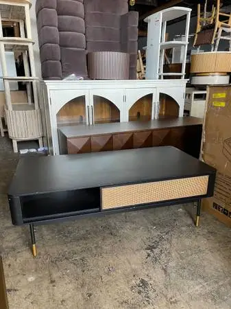 Miriam 47 Coffee Table In Black w/ Natural Wicker