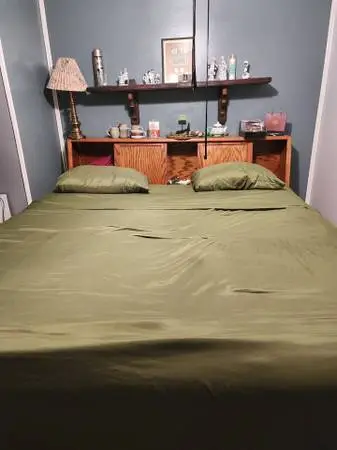 King size bed headboard, mattress, frame, 2 sets of sheets