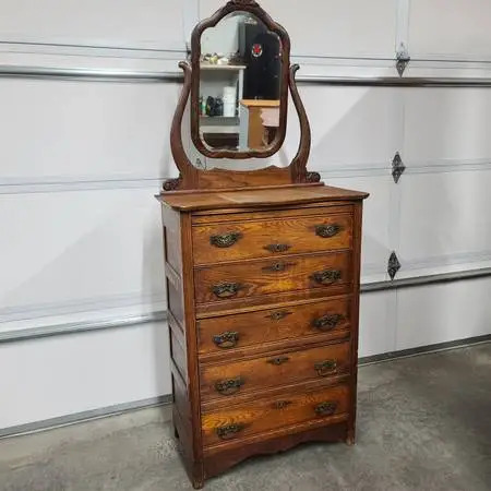 Antique Tiger Oak Tallboy Dresser With Mirror
