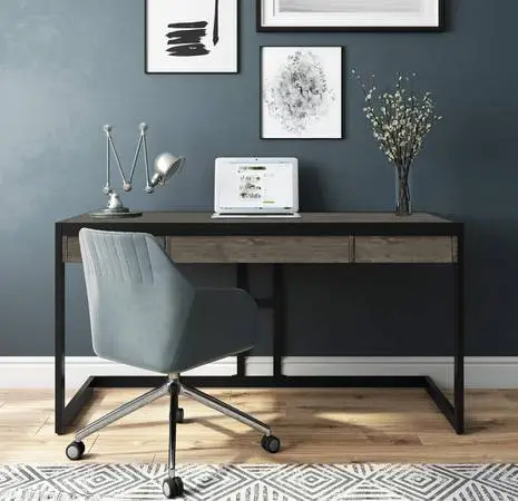 SIMPLIHOME SOLID ACACIA WOOD Industrial 60” Writing Office Desk, Farmhouse Gre