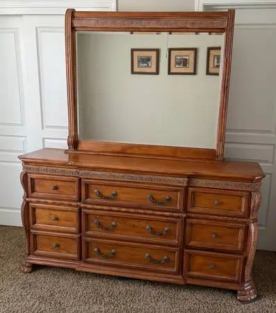 Hand-Carved Whitewashed Pine Dresser with Mirror