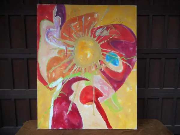 Sunburst Color Abstract 1990s Sarala Huge Artwork Painting 48 x 60H