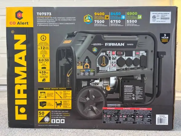 Like-New Firman T07573 Tri-Fuel Portable Generator – 9,400W