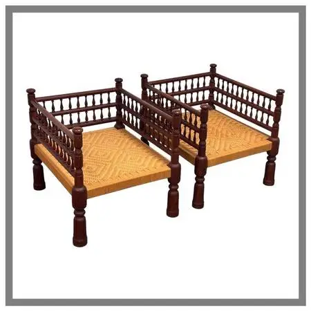 Indian Vintage Rush Seat Low Chairs, Pair