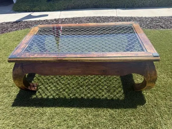 Asian Style Glass Top Coffee Table with Woven Mesh Insert