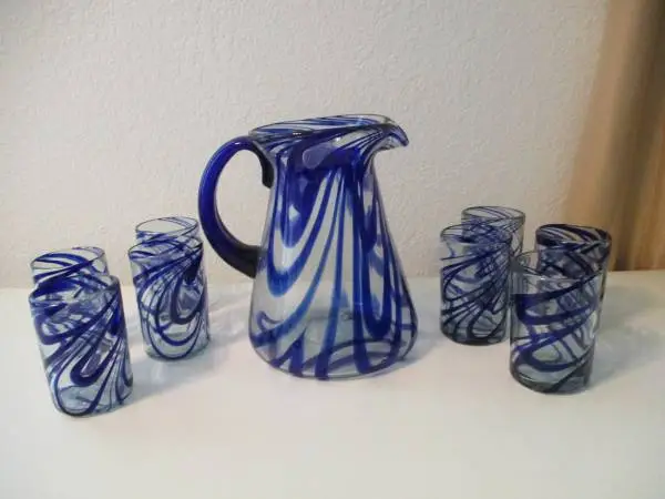 BLUE SWIRL HANDBLOWN PITCHER AND GLASSES