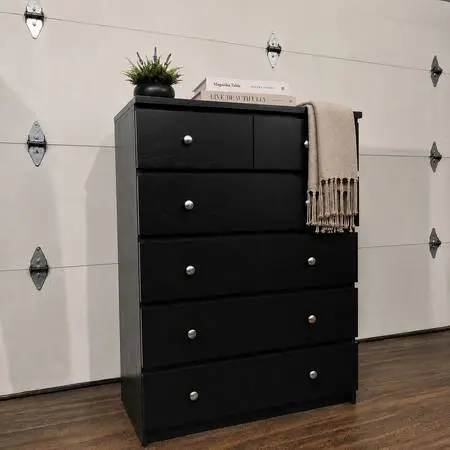 HUGE 6-Drawer Tall Dresser w/ Silver Knobs, Black Finish
