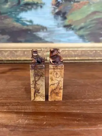 Pair of Hand-Carved Chinese Soapstone Zodiac Seals - Monkey and Ox.