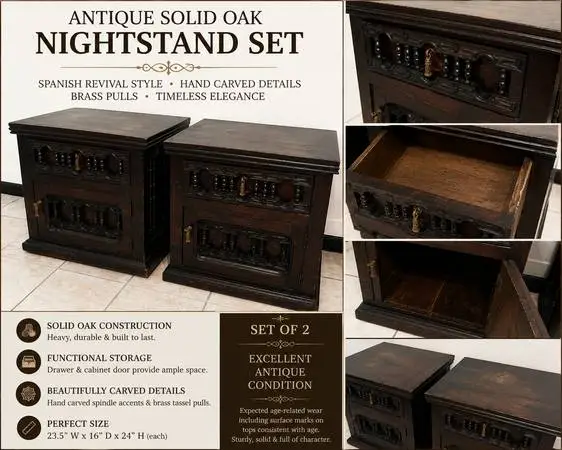Antique Spanish Revival Carved Oak Nightstands End Tables – Matching P
