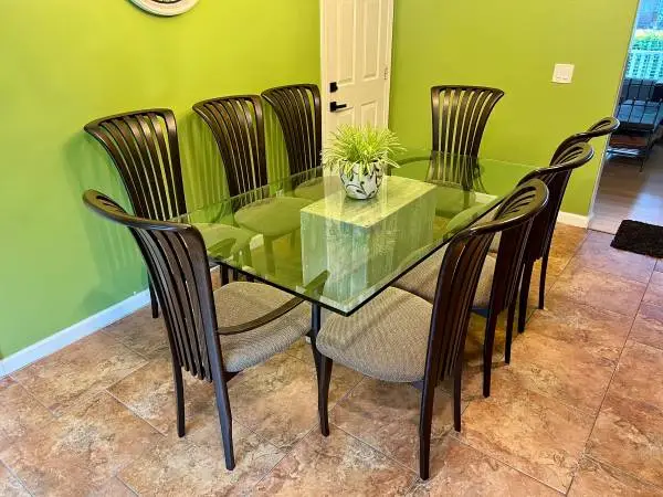 Pure Marble Glass Dining Table + 8 Curved Chairs